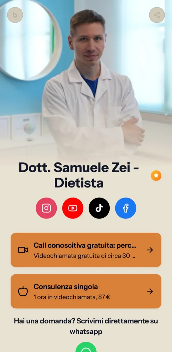 La pagina Bink di Samuele Zei, dietista: la sua foto, i social, la call conoscitiva gratuita e la consulenza singola da 87 euro.